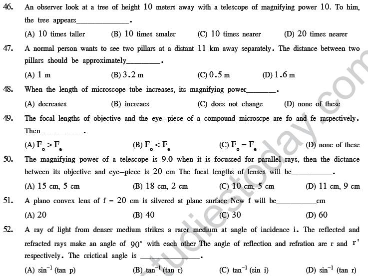 NEET UG Physics Optics MCQs, Multiple Choice Questions